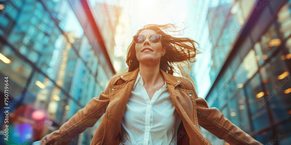 Fototapeta premium Stylish Woman Enjoying City Life. Fashionable woman walking in urban cityscape.