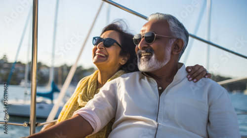 Smiling mature indian american couple enjoying sailboat ride in summer