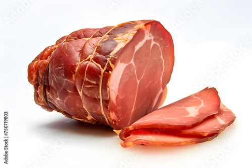 A Close-up Look at a Delicious Sliced Ham on a White Background photo