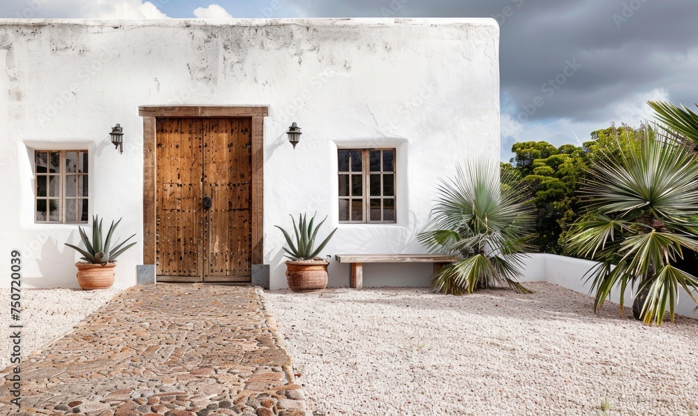 A highly detailed photograph of facade of Ibiza villa with large antique Moroccan wooden door, whitewashed walls, gravel on the floor , agave plants and palm trees, large wood framed windows