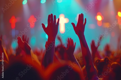 Worship God concept: human rising hands over blurred cross background 
