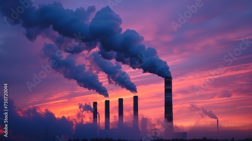 Silhouettes of industrial chimneys billowing smoke into a stormy dusk atmosphere