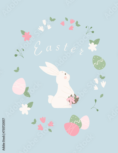 Vector postcard with Easter bunny and pussy willow on blue background. Simple print design.  Floral frame. Happy Easter text.