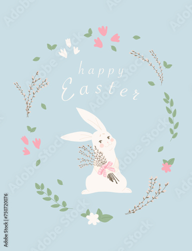 Vector postcard with Easter bunny and pussy willow on blue background. Simple print design.  Floral frame. Happy Easter text.