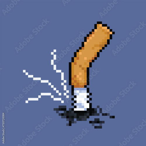 Put out off cigarette with ashes and smoke effect. Pixel art retro vintage video game bit vector illustration. Simple flat cartoon art styled drawing isolated on dark blue square background.