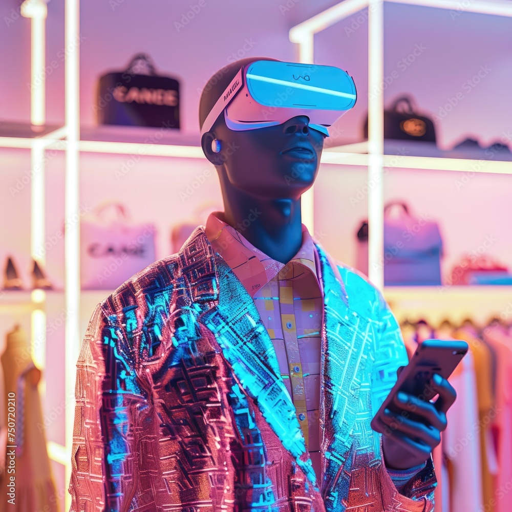 marketing advertisement in a virtual fitting room, she is mannequin looking at virtual clothes on a VR camera. marketing advertisement in a virtual fitting room, she is mannequin looking at virtual clothes on a VR camera.