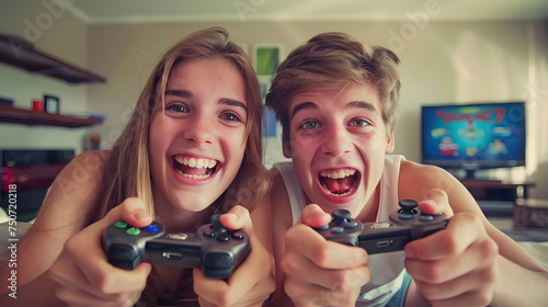 Two smiling children, a boy and a girl, play a video game with joystick together, joy filling their faces. © Alice a.
