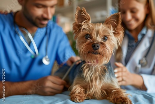 Smiling positive male veterinarian and his assistant examining a dog in a veterinary clinic. Doctor using a stethoscope examines a cute Yorkshire terrier. Selective focus on a dog.