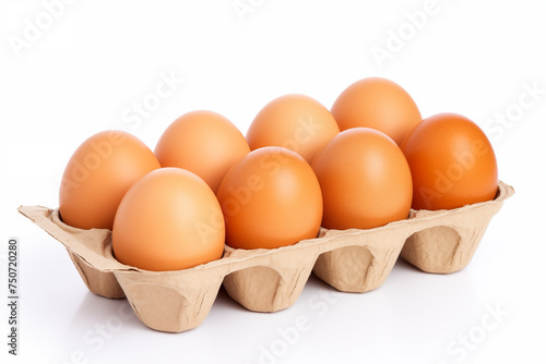 Brown chicken beautiful eggs on white background packaged © Dm