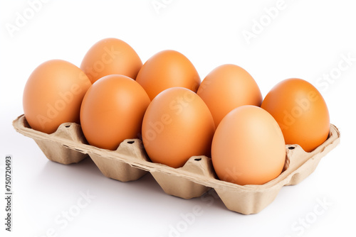 Brown chicken beautiful eggs on white background packaged