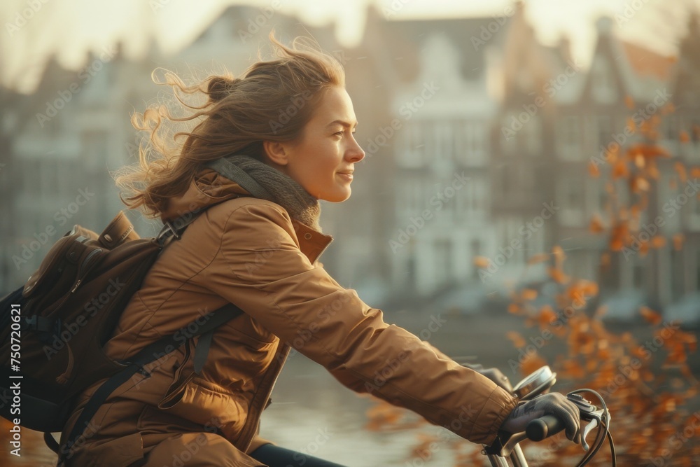 Side shot of a 25-year-old woman riding her bicycle on her way to work during spring season. A blurry residential area can be seen in the background - obrazy, fototapety, plakaty 