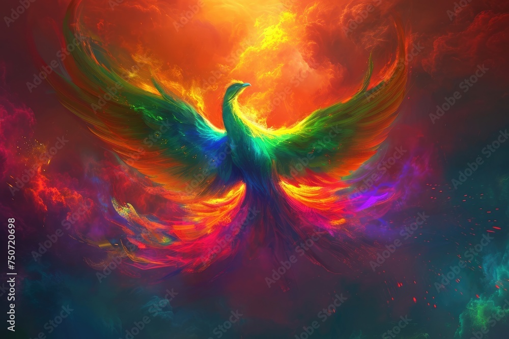 A phoenix rising from the ashes with vibrant colors - obrazy, fototapety, plakaty 