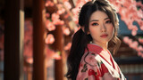 Asian ancient girl under a plum tree. young pretty geisha in white kimono among sakura, asian ethno close up