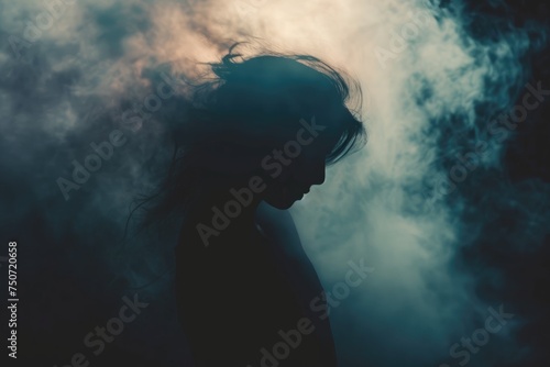 a person's silhouette engulfed in a cloud of dark, abstract shapes, merging with the shadows