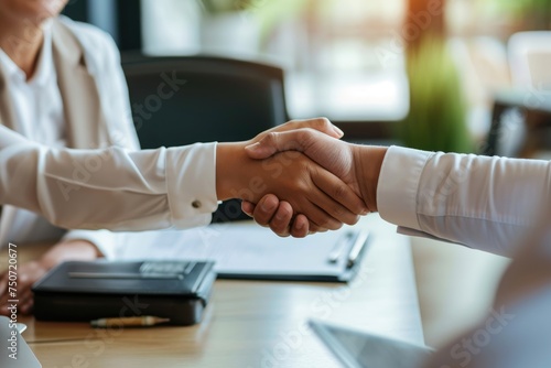 a confident job candidate shaking hands with an interviewer after a successful job interview, with a warm and welcoming office background