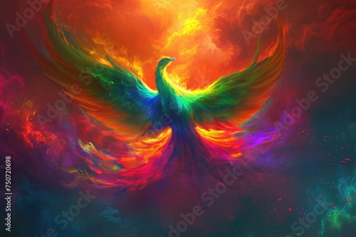 A phoenix rising from the ashes with vibrant colors photo