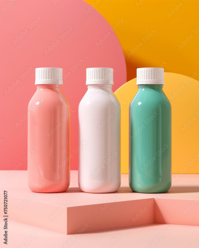 Three pastel-colored bottles arranged perfectly against a dual-tone geometric background of yellow and pink Three pastel-colored bottles arranged perfectly against a dual-tone geometric background of yellow and pink