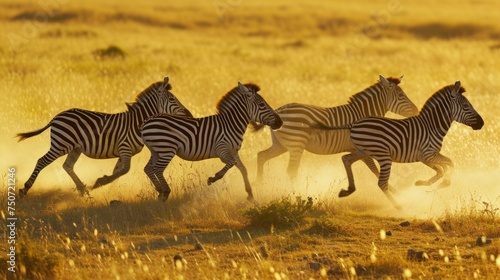 Group of zebras running on the dry savanna in the afternoon