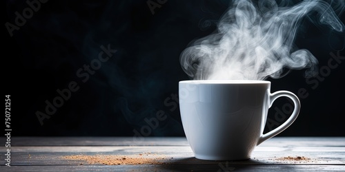 A mystic ambiance as steam rises from a white mug against a dark background with soft lighting