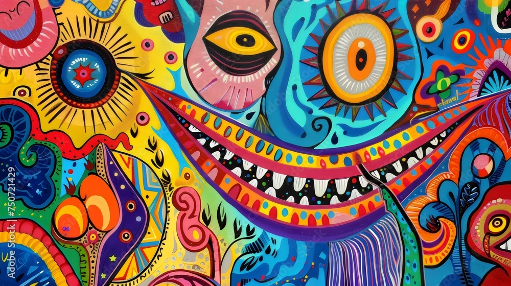 Vibrant Abstract Mural with Eyes and Patterns Vibrant Abstract Mural with Eyes and Patterns
