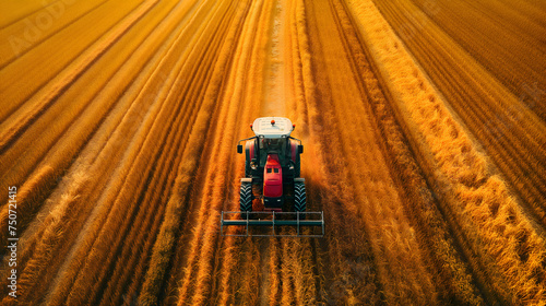 Aerial View of Tractor Harvesting Crops in Farmland