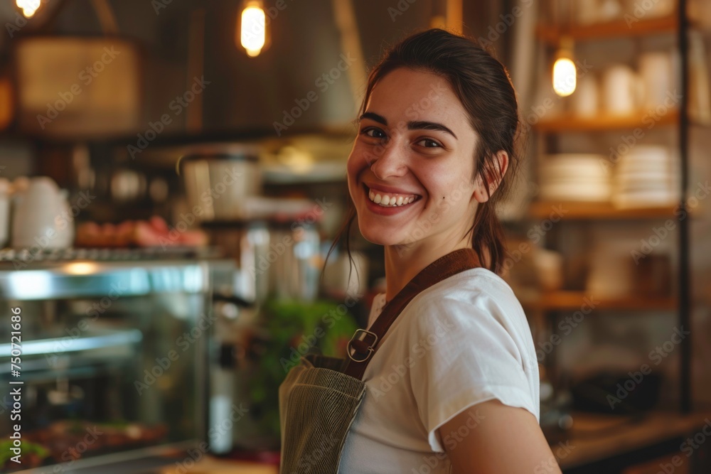 Portrait of a successful bakery manager smiling at the camera in a franchise cafe. Portrait of a successful bakery manager smiling at the camera in a franchise cafe.