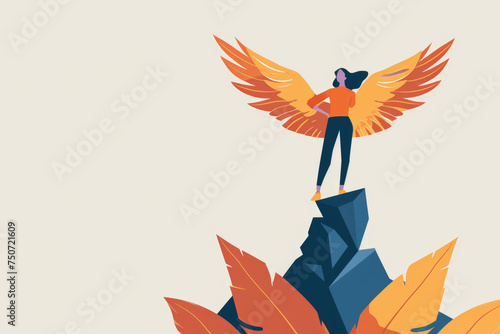 A resilient business owner illustrated as a phoenix rising from the ashes, symbolizing successful recovery. photo