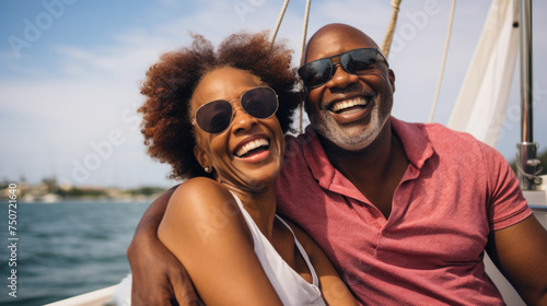 Smiling middle aged black couple enjoying leisure sailboat ride in summer © dvoevnore