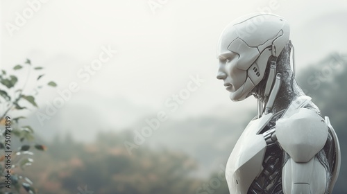 White humanoid robot against nature background © Spyrydon
