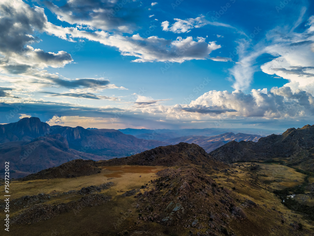 Andringitra national park,mountain landscape. View from above. Drone photo of mountain panorama and valley with dramatic sky. Madagascar hill wilderness.