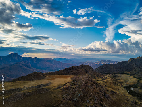 Andringitra national park,mountain landscape. View from above. Drone photo of mountain panorama and valley with dramatic sky. Madagascar hill wilderness.