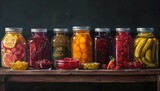  A vibrant display of assorted fermented foods in clear glass jars represents a healthy, probiotic-rich cuisine, showcasing textures and hues from vegetables and fruits. AI Generative