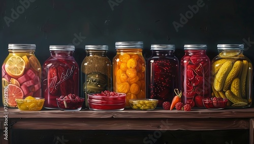  A vibrant display of assorted fermented foods in clear glass jars represents a healthy, probiotic-rich cuisine, showcasing textures and hues from vegetables and fruits. AI Generative photo