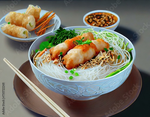 Delicious Vietnamese Bo Bun prepared with rice vermicelli noodles for basics and for topping chicken pieces and fried spring rolls