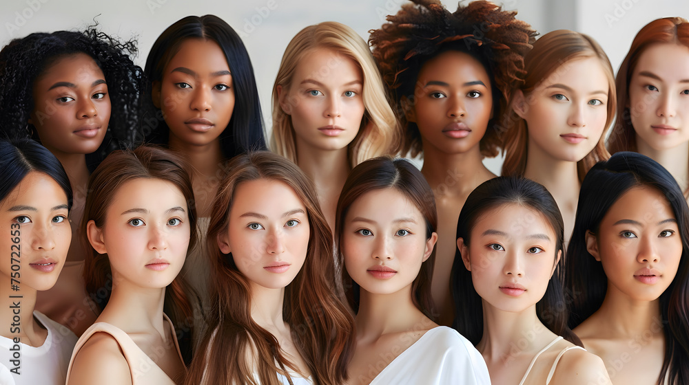 A diverse group of women multi-ethnic with different hairstyles and skin tones pose together in a studio setting A diverse group of women multi-ethnic with different hairstyles and skin tones pose together in a studio setting