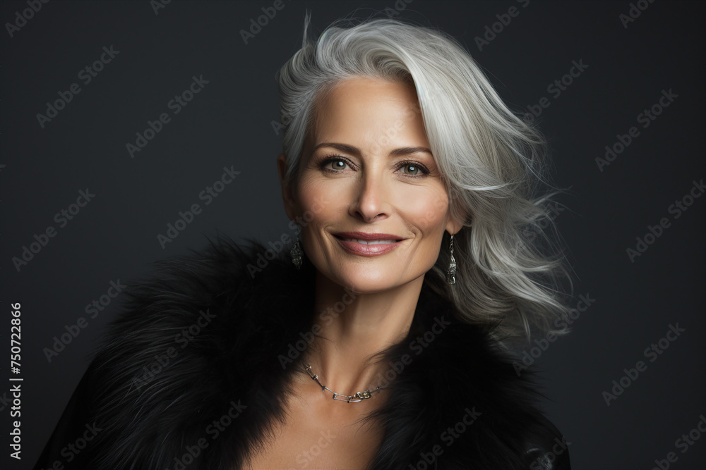 Generative IA technology illustration amazing aged smiling woman on grey background Generative IA technology illustration amazing aged smiling woman on grey background