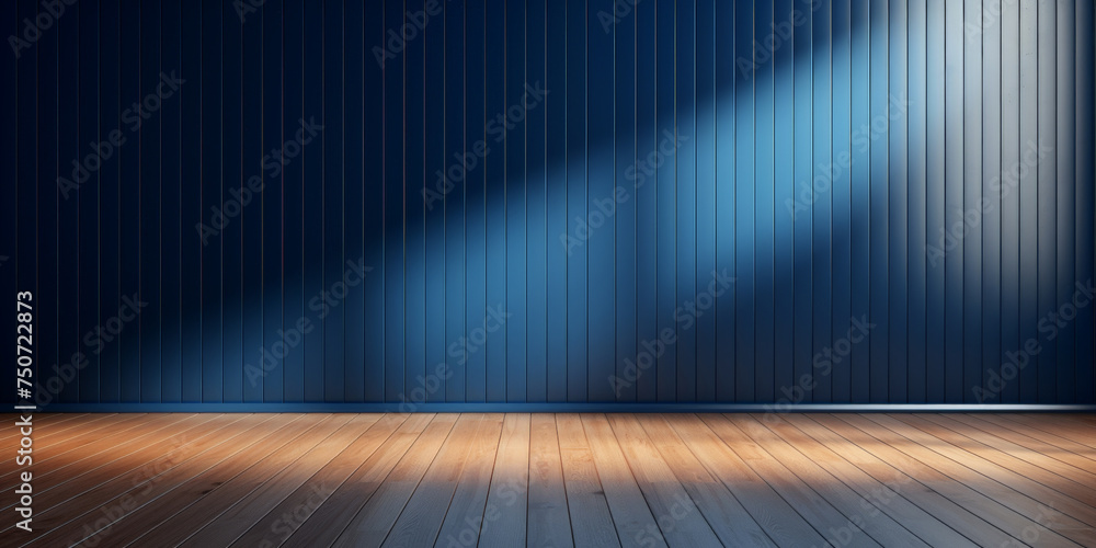 empty room with blue wall , wooden floor and spotlight,dark blue corrugated wall background with shadow sunlight. A bright blue room with a warm wooden floor and modern vertical blinds.. banner design