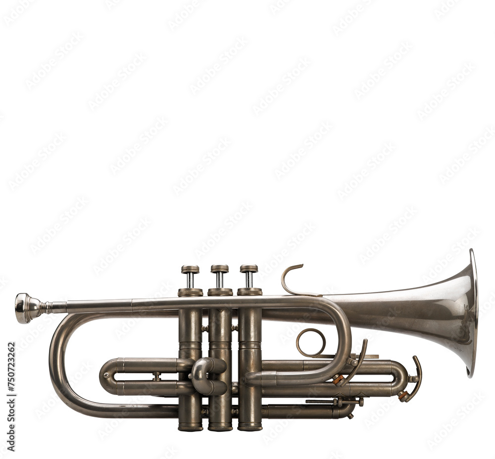 Two side view of a Silver trumpet isolated on white background with clipping path