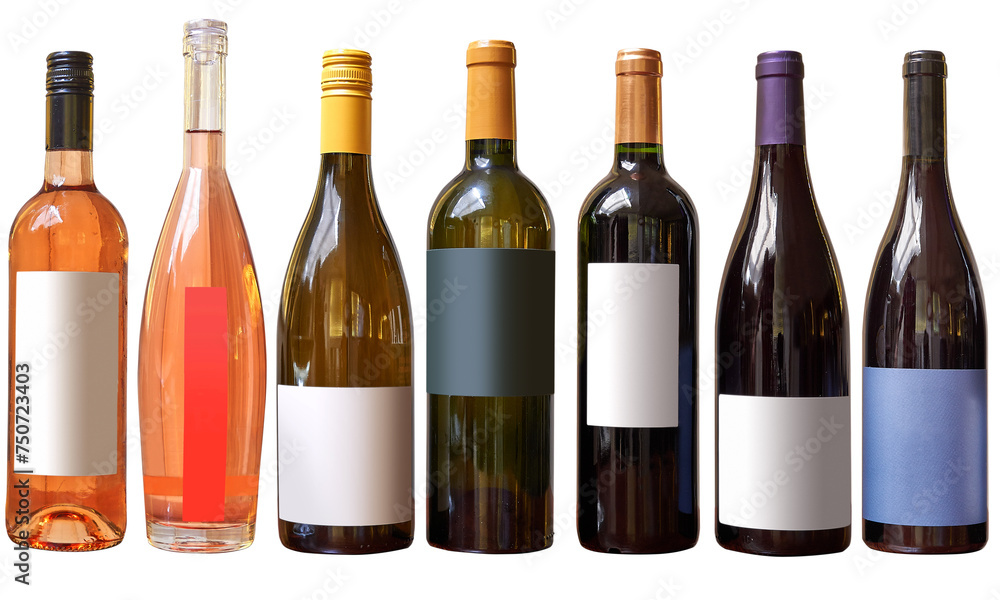 Family of different kind of Wine bottles isolated on White