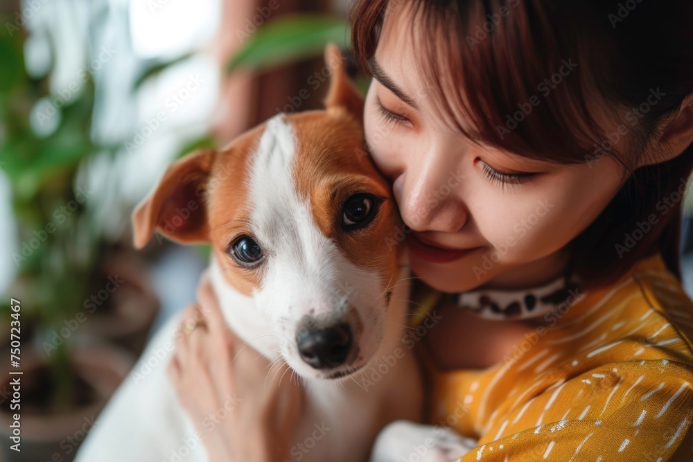 A woman is holding a dog in her arms A woman is holding a dog in her arms