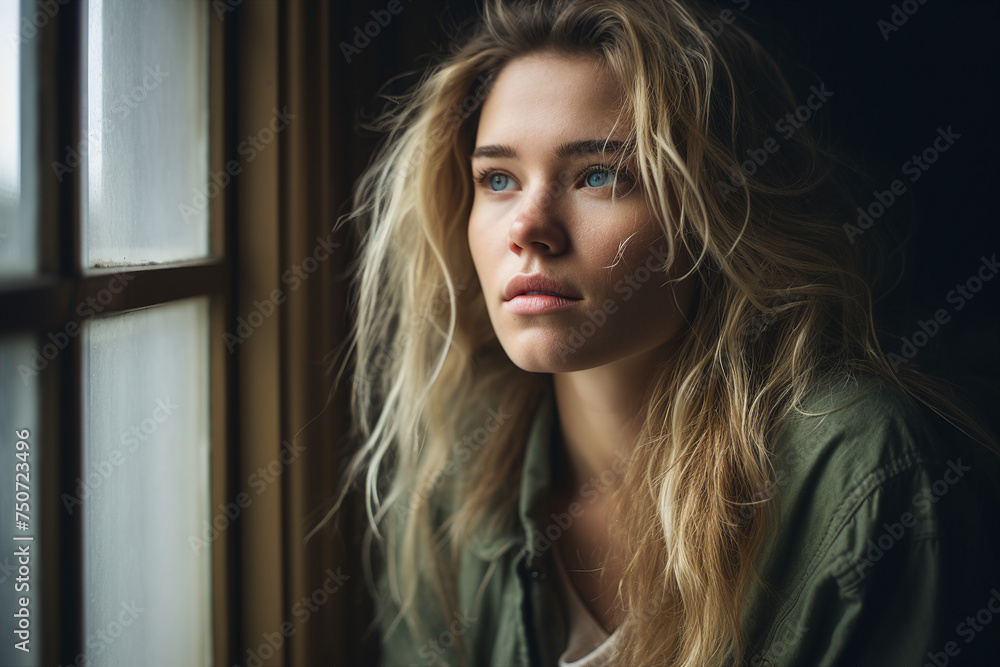 Generated with AI photo of an adorable pretty woman looking window rainy weather outside Generated with AI photo of an adorable pretty woman looking window rainy weather outside