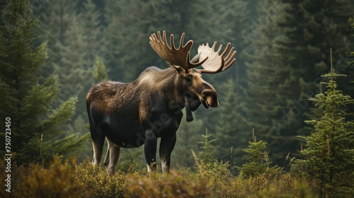 Male moose standing in green savanna with pine forest background © Instacraft.Studio