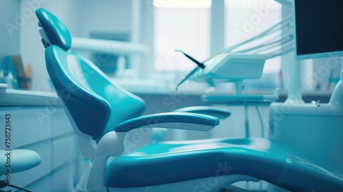 Dental equipment in dentist office in new modern stemmatological clinic room. Background of dental chair and accessories used by dentists in blue photo