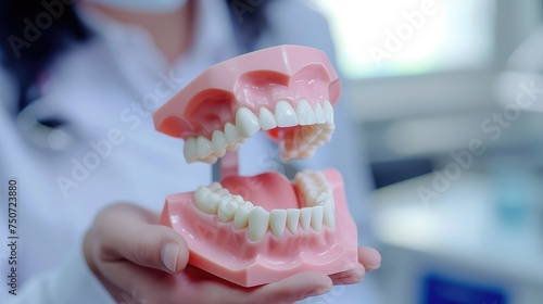 Dentist holding educational model of dental implant indoors.