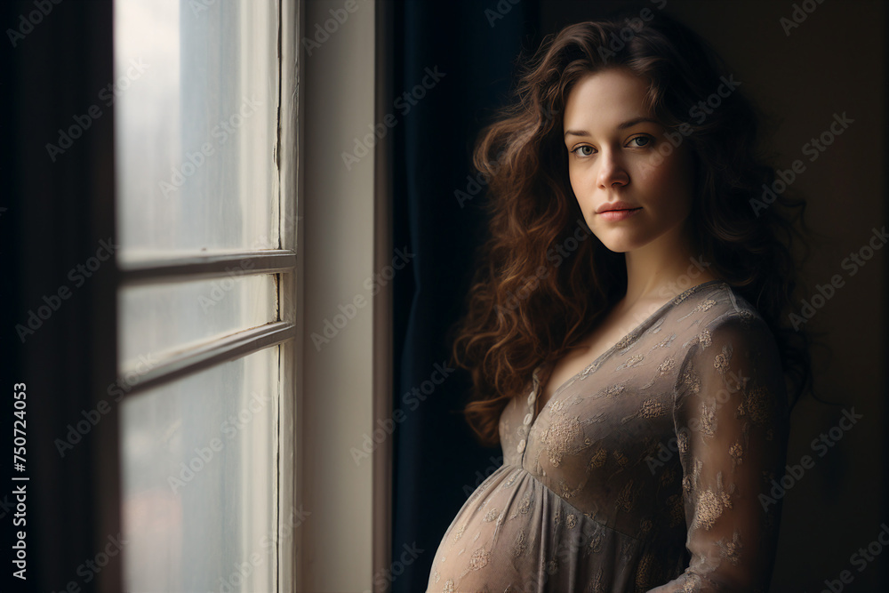 Fototapeta premium Photography of young pregnant woman smiling and enjoying her pregnancy near a window at home generative AI