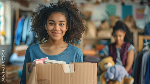 cheerful young woman is holding a box of donated items in a thrift store setting, with another person visible in the background.
