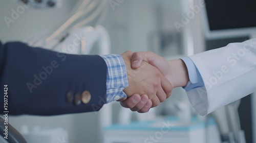 A dentist and a patient are handshaking.