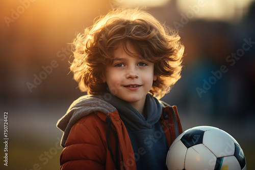 Generative AI photo of nice cheerful boy playing football hobby time weekend outdoors