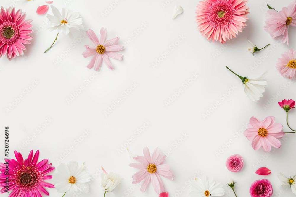 a group of floral flower on white canvas, copy space in center, minimal clean background