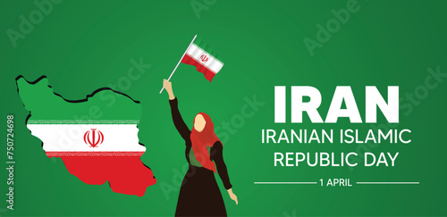 Iran Iranian Islamic Republic Day 1 April woman holding waving flag with flag map vector poster photo